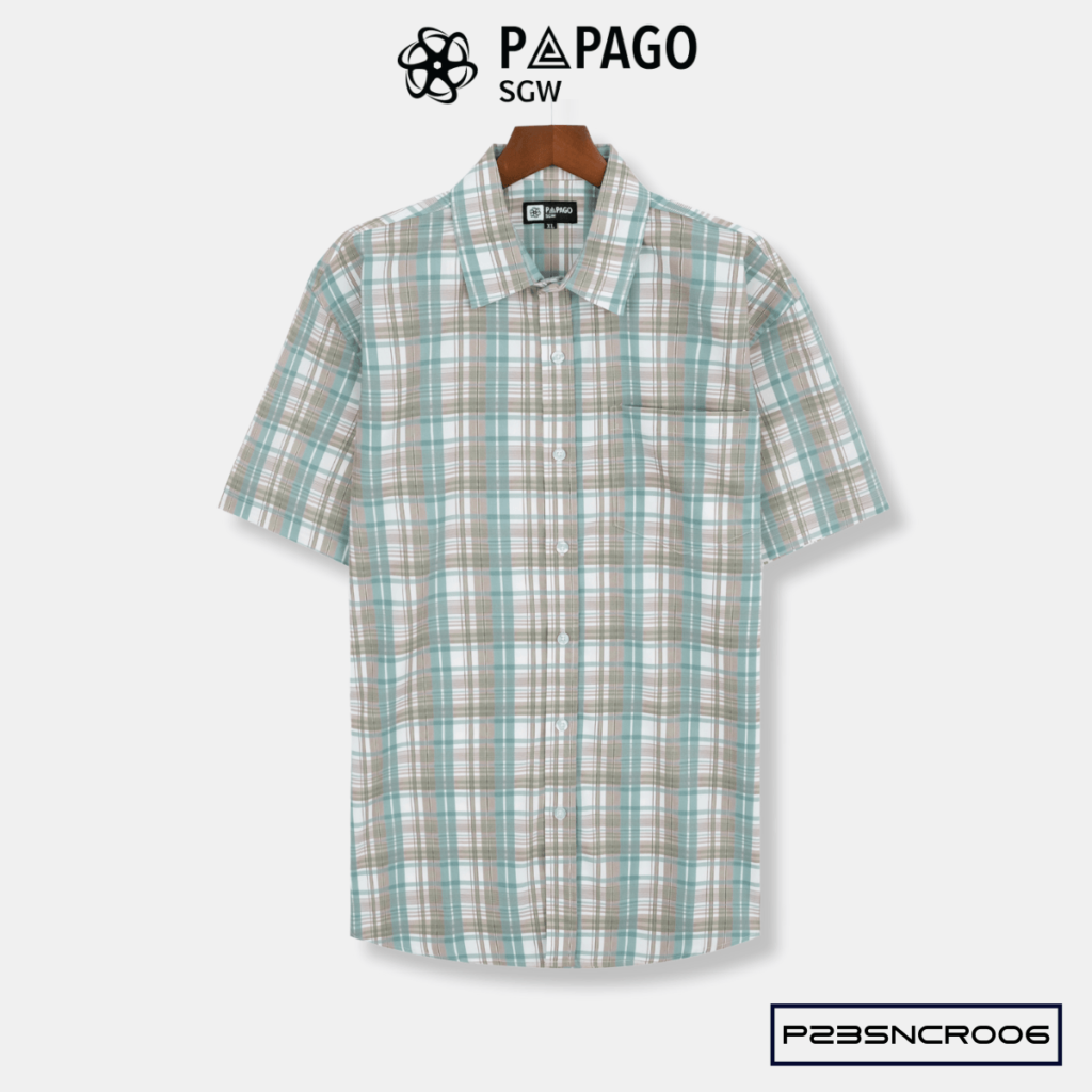 Áo sơ mi nam PAPAGO tay ngắn vải Lụa bóng in caro