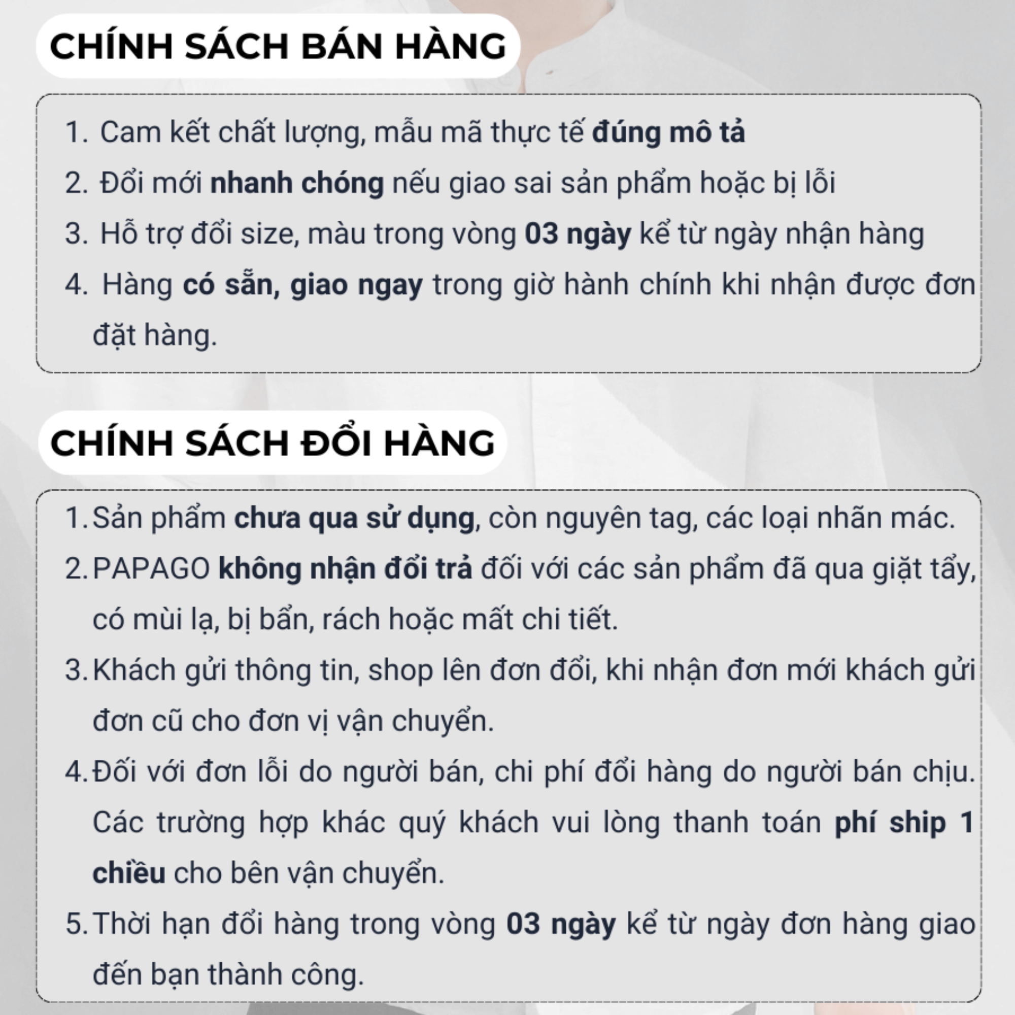 chính sách bán hàng và đổi trả quần áo công sở nam papago