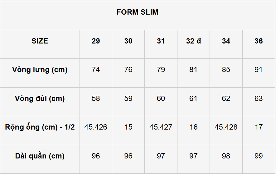 bảng size quần tây nam form slim fit