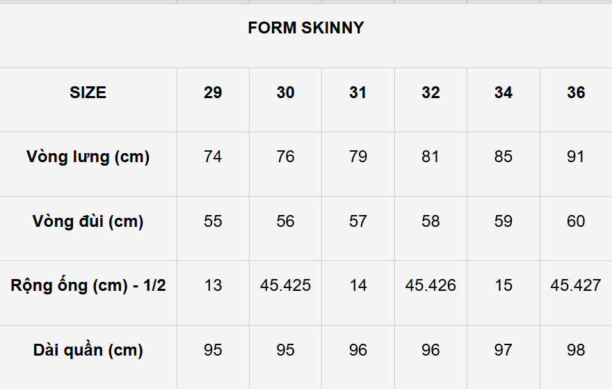 bảng size quần tây nam form skinny