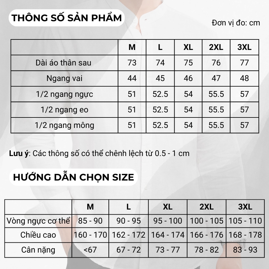 bảng size áo sơ mi nam papago