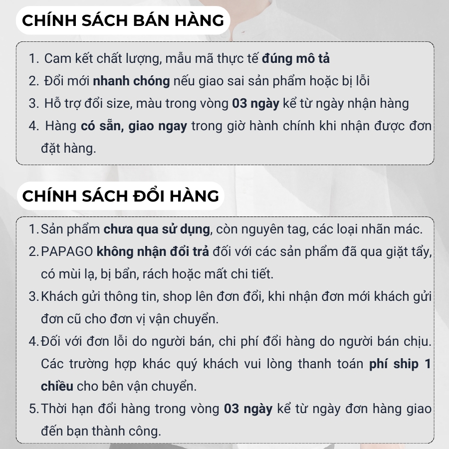 chính sách bán hàng và đổi trả thời trang nam trung niên papago