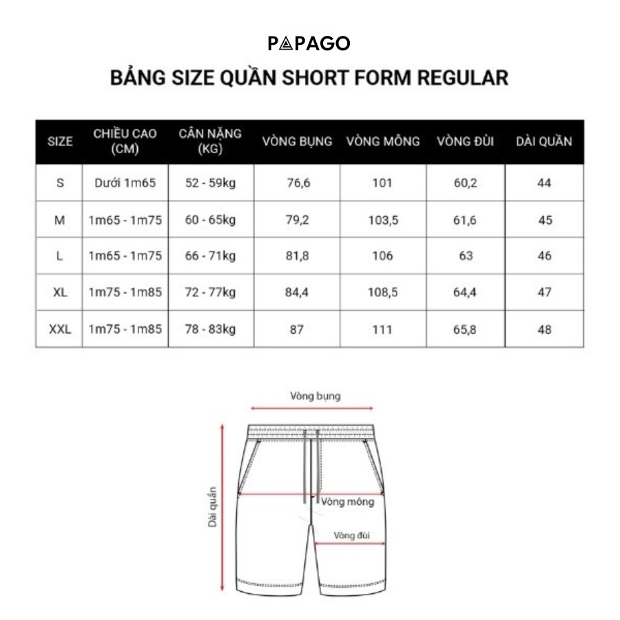 bảng size quần short nam papago