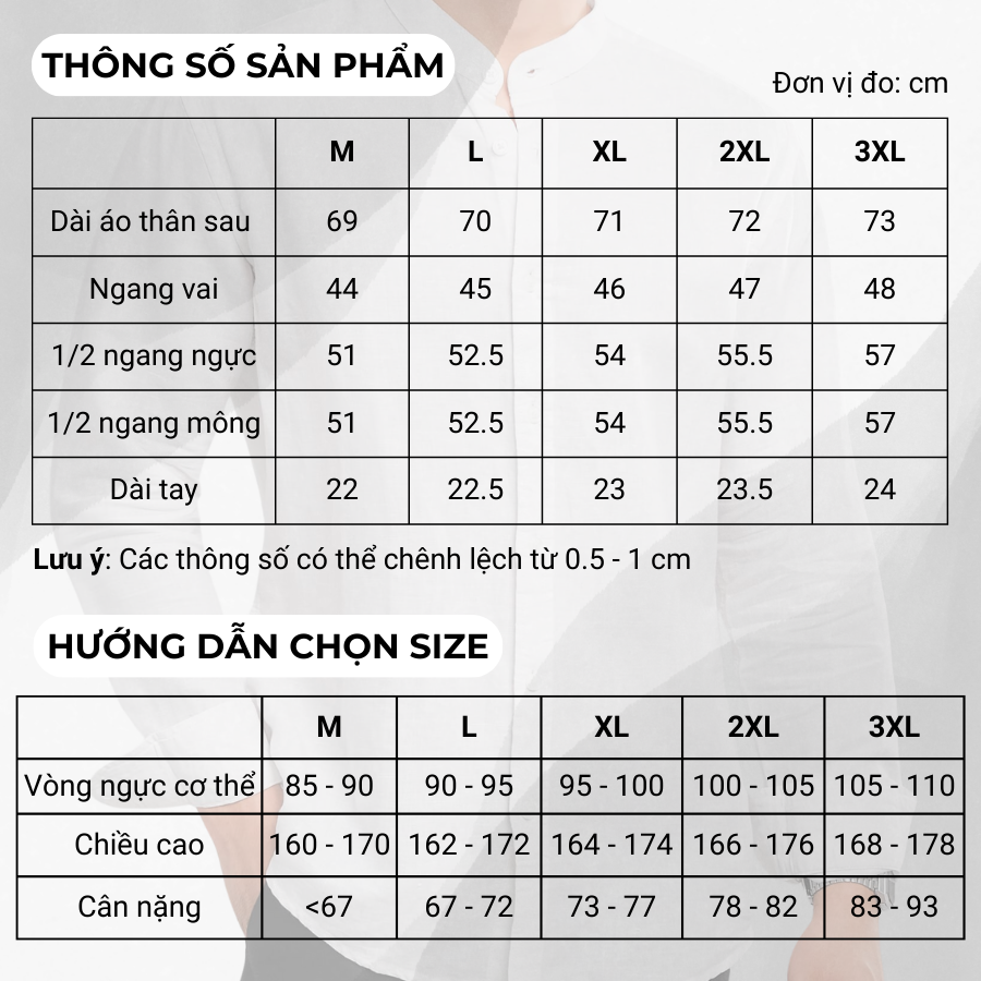 bảng size áo sơ mi nam trung niên papago thời trang trung niên